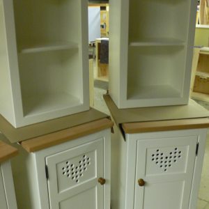 BU22 pair heart motif cupboards and open top cupboards
