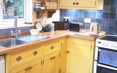 Jolly kitchen in Brynteg (painted in Babouche & day room yellow)