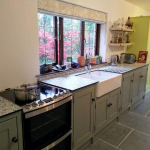 Dawn's new kitchen with solid compact laminate worktop.