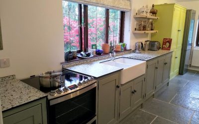 Dawn’s new kitchen with solid compact laminate worktop.