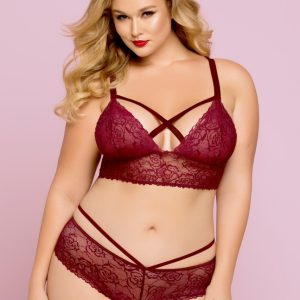 10784X_WINE_F__38921_zoom Rose Galloon Lace Bralette With Lattice Back Detail And Picot Elastic Trim - STM10784X