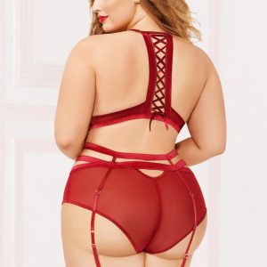 10881X_BURGUNDY_B__21866_zoom Three Piece Bra Set. Mesh High Neck Bra With Applique Detail, Garter Belt, And Panty - STM10881X