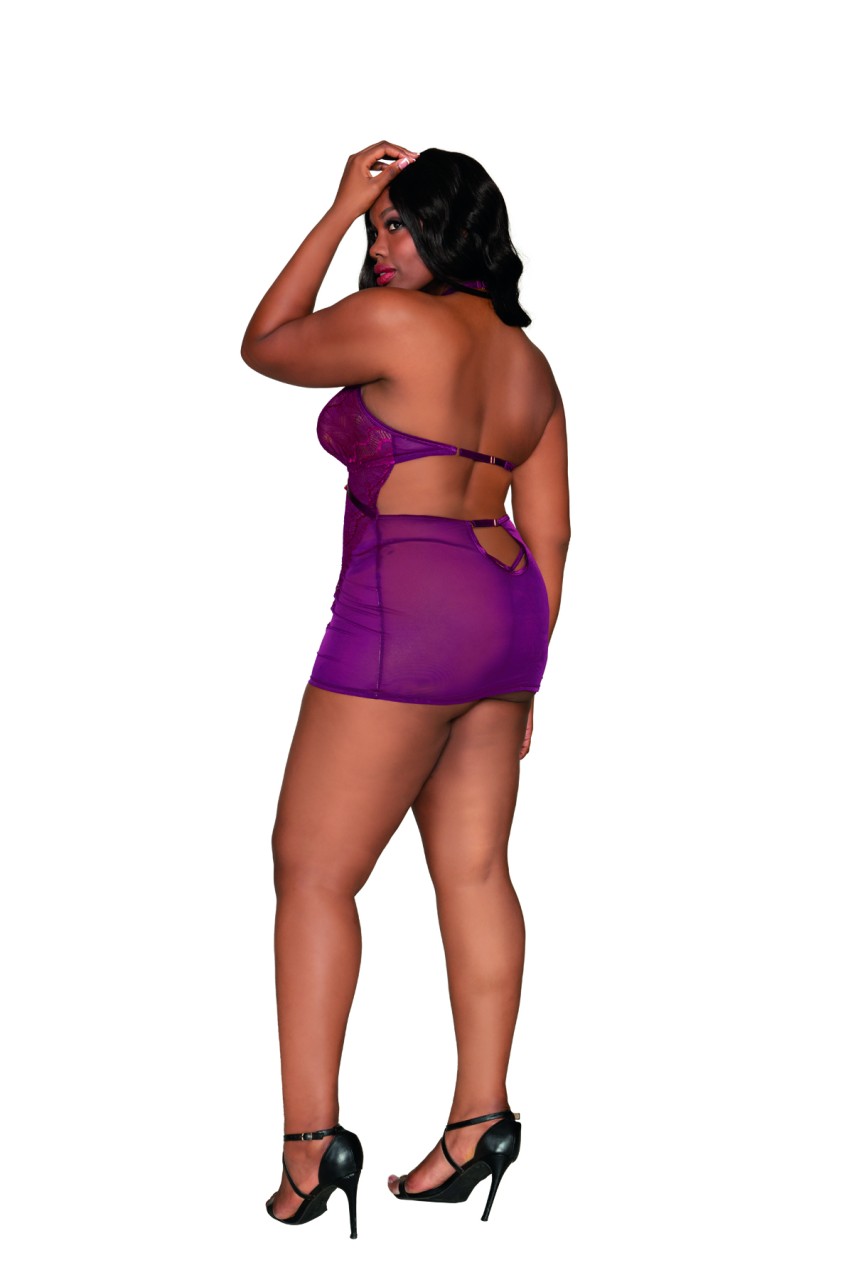 Dreamgirl - Dreamgirl Contemporary Lace & Mesh Chemise Set with Halter Neckline - DG12446X