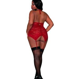 12488X_Garnet_Back__14222_zoom Dreamgirl - Dreamgirl Stretch Lace Garter Slip & G-String Set with Halter Neck & Back Tie Closure - DG12488X