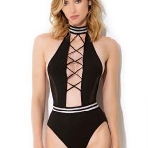 1650-BLAC-F_Edit__29994_zoom Halter teddy with metallic elastic trim and - HAU1650