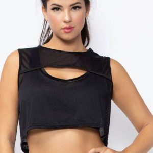 Athletic Mesh Cropped Tank With Front Cutout And Open Back Criss-Cross Detail - STM30151