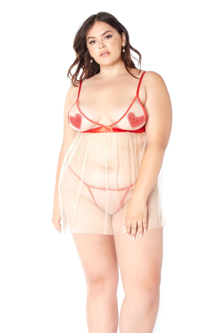 Heart Applique Soft Cup Mesh Babydoll - GL33008X - Image 2