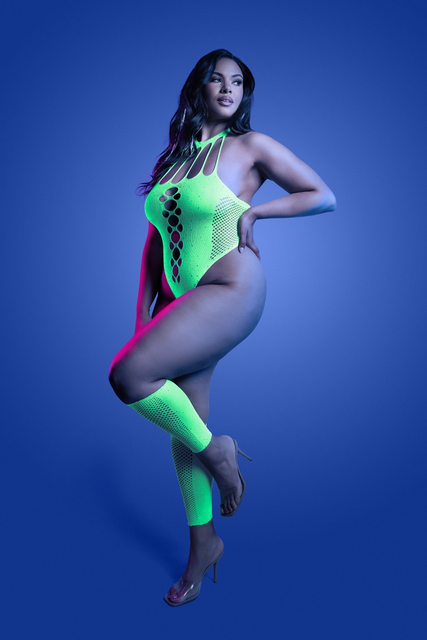 Fantasy Lingerie - PRESSURE POINT UV reactive rhinestone knit teddy and matching gloves (can also be worn as leg warmers) - FL-GL2551 - Image 4