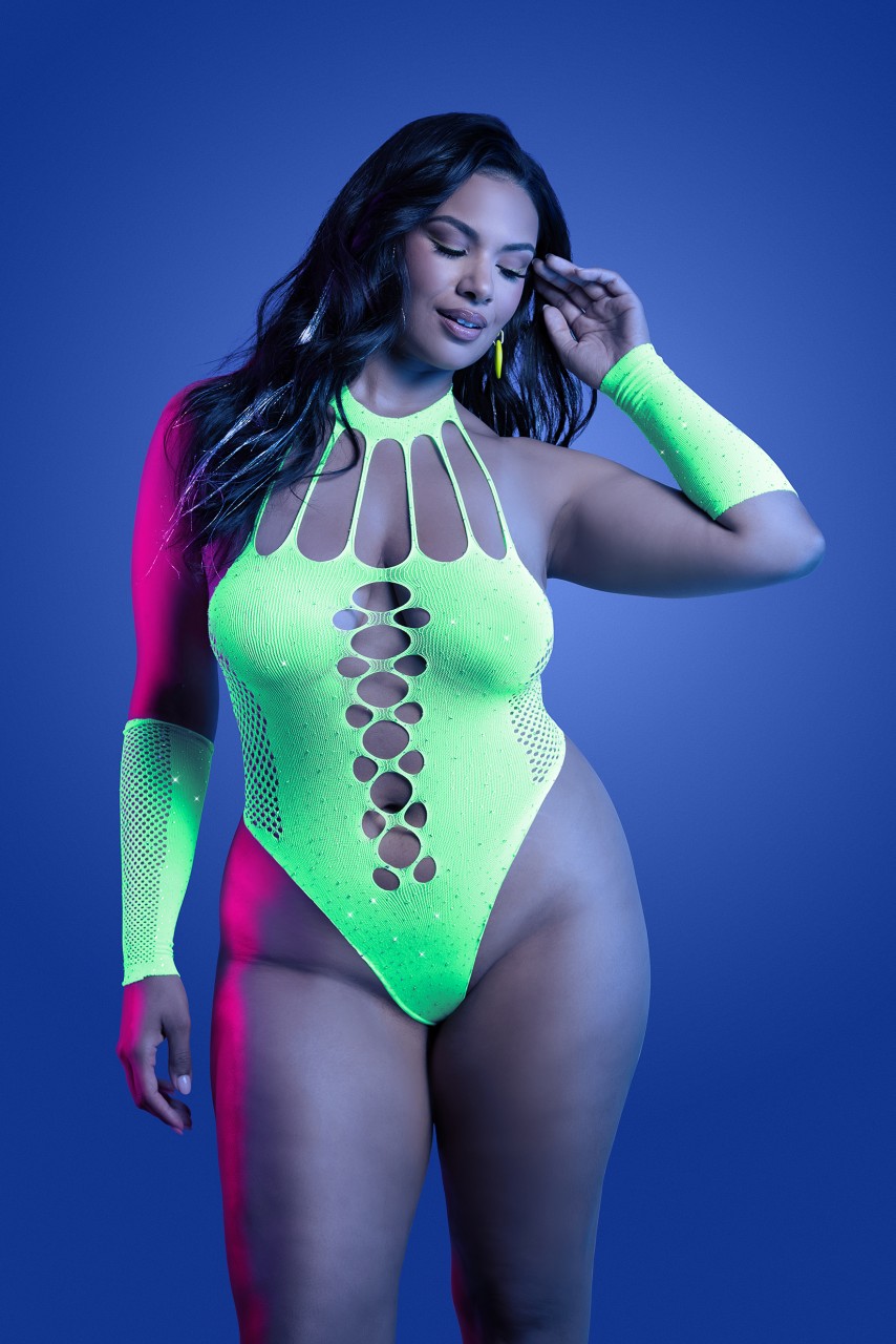Fantasy Lingerie - PRESSURE POINT UV reactive rhinestone knit teddy and matching gloves (can also be worn as leg warmers) - FL-GL2551 - Image 3