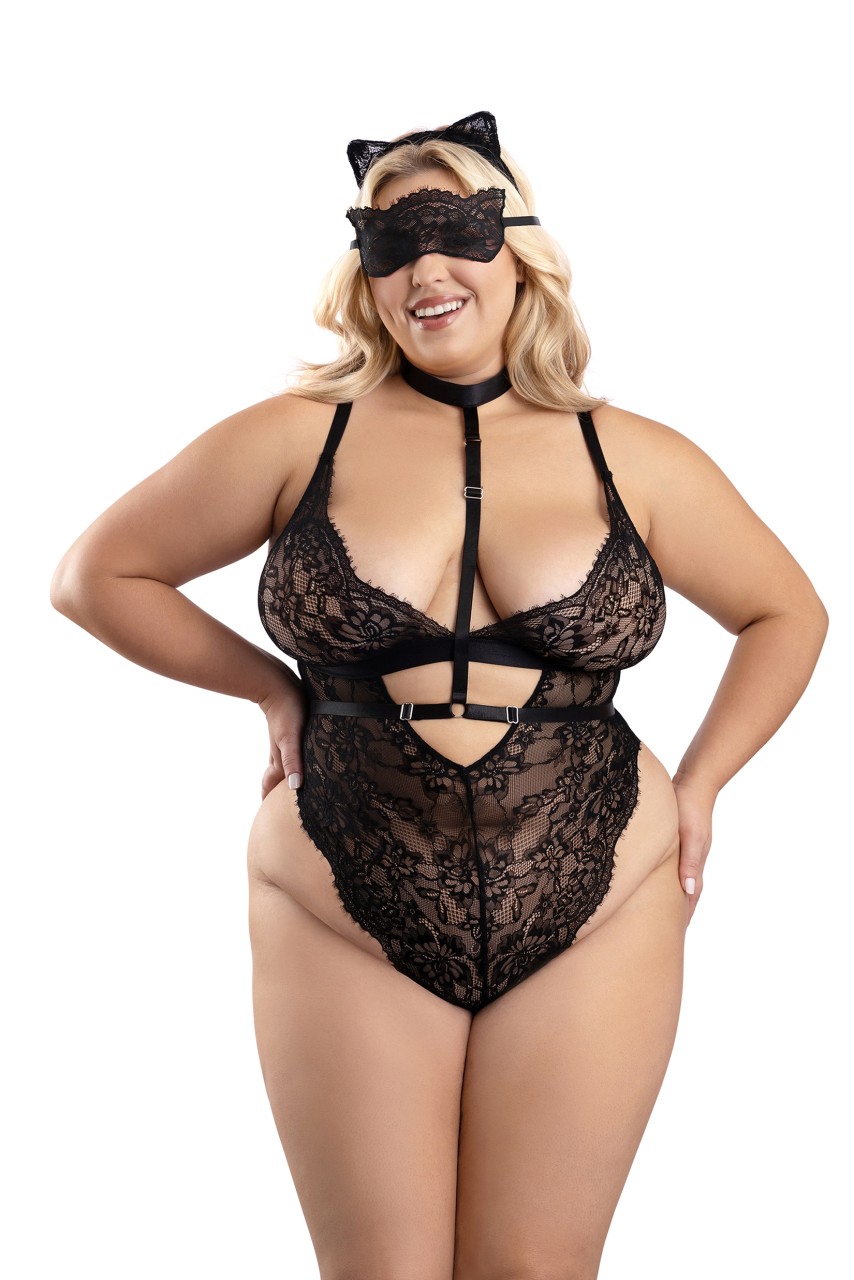 Fantasy Lingerie - FERAL FOR YOU Crotchless lace teddy, body harness, cat ear headband & blindfold eye mask - FL-PL2407 - Image 4