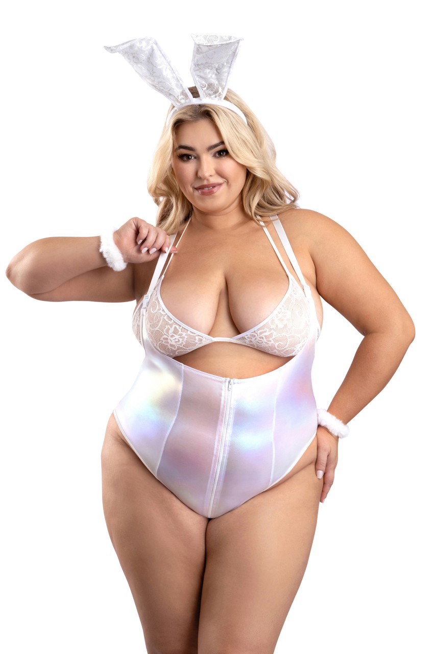 Fantasy Lingerie - BUNNY HILLS Iridescent zipper bodysuit, lace bralette, wristlets, removable tail & bunny ear headband - FL-PL2408 - Image 2